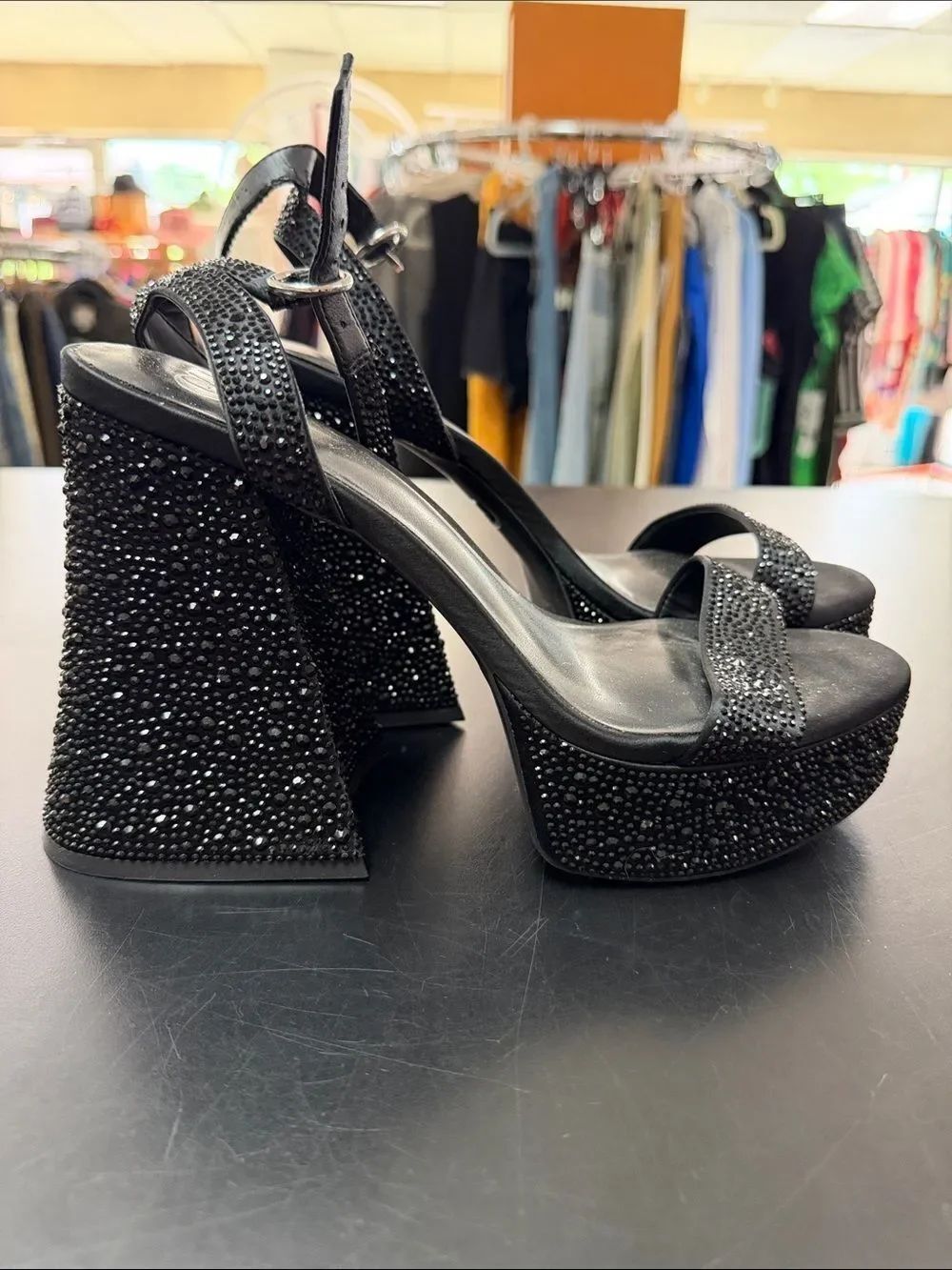 Gianni Bini Black Crystal Platform Block Heel Sandals